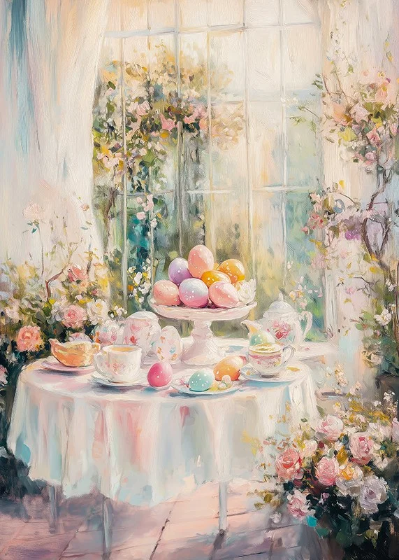 Oil painted Easter table arrangement with colorful eggs and flowers-12