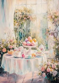 En plakat med et solbelyst påskebord dekorert med pastellfargede egg og blomster-3