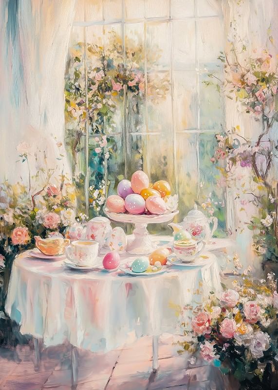 En plakat med et solbelyst påskebord dekorert med pastellfargede egg og blomster-12