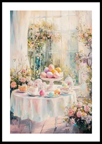 Oil painted Easter table arrangement with colorful eggs and flowers-0