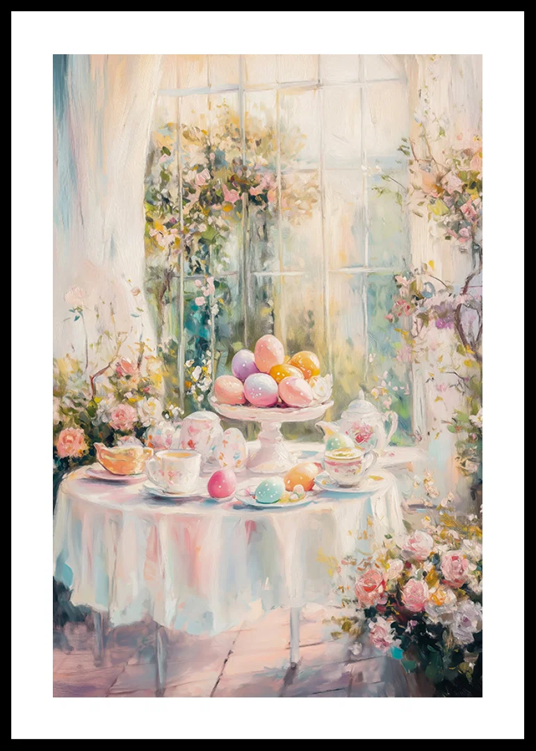Oil painted Easter table arrangement with colorful eggs and flowers-12