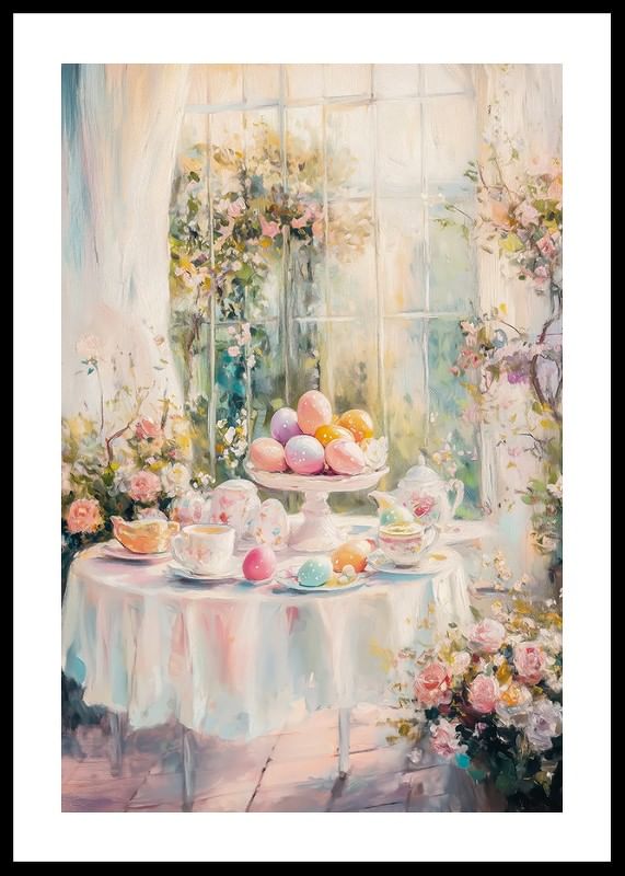 En plakat med et solbelyst påskebord dekorert med pastellfargede egg og blomster-12