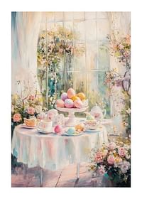 En plakat med et solbelyst påskebord dekorert med pastellfargede egg og blomster-1