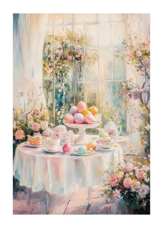 En plakat med et solbelyst påskebord dekorert med pastellfargede egg og blomster-12