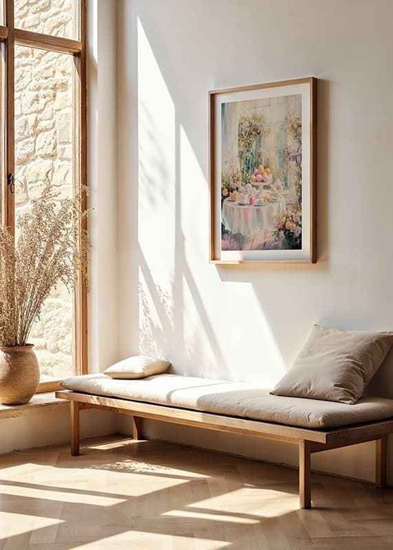 En plakat med et solbelyst påskebord dekorert med pastellfargede egg og blomster-12