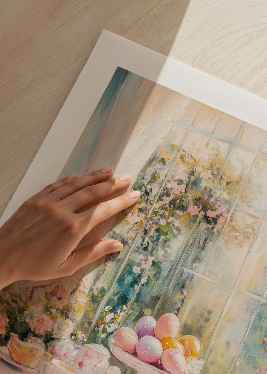 En plakat med et solbelyst påskebord dekorert med pastellfargede egg og blomster-12