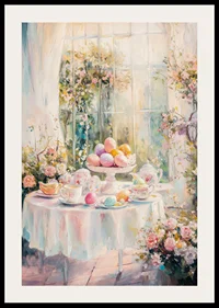 Oil painted Easter table arrangement with colorful eggs and flowers-2