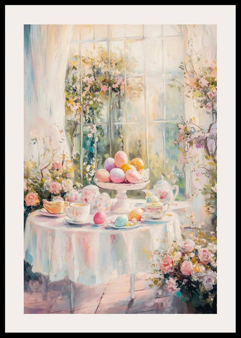Oil painted Easter table arrangement with colorful eggs and flowers-12