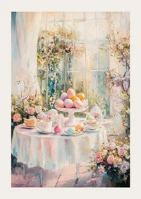Oil painted Easter table arrangement with colorful eggs and flowers-3