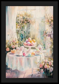 Oil painted Easter table arrangement with colorful eggs and flowers-4