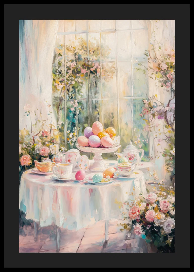 Oil painted Easter table arrangement with colorful eggs and flowers-12