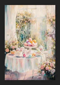 Oil painted Easter table arrangement with colorful eggs and flowers-5