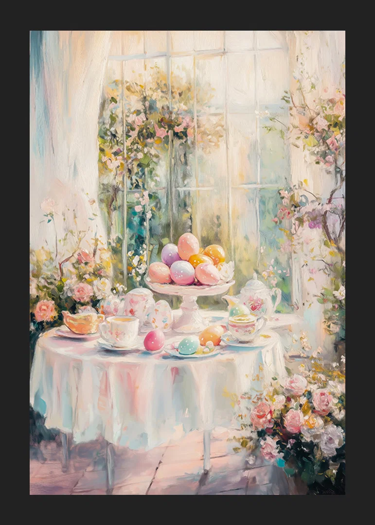 Oil painted Easter table arrangement with colorful eggs and flowers-12
