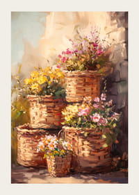 Oil painted flowers in wicker baskets with warm colors-3