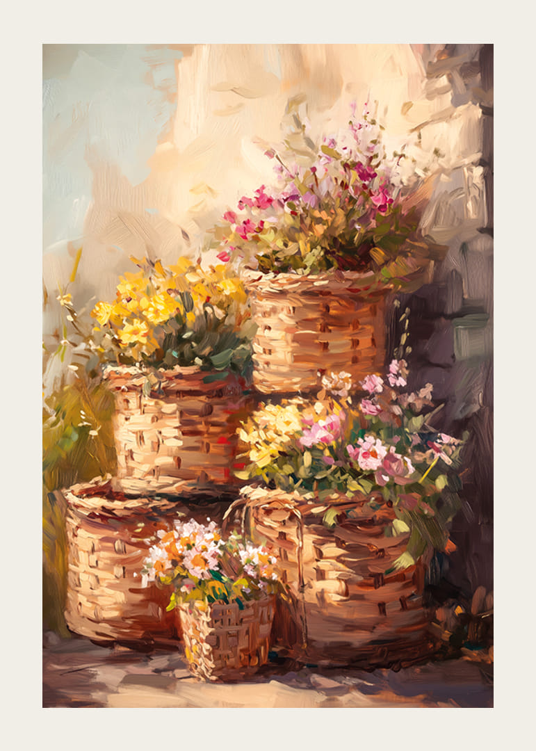 Oil painted flowers in wicker baskets with warm colors-12
