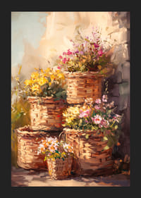 Oil painted flowers in wicker baskets with warm colors-5