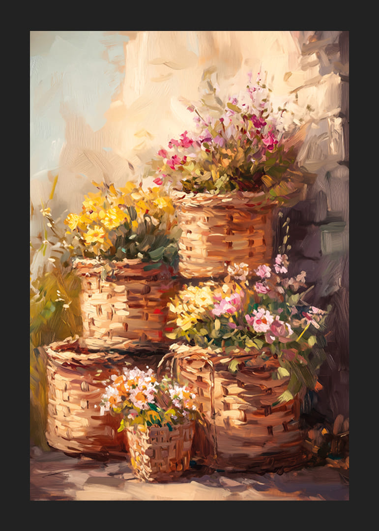 Oil painted flowers in wicker baskets with warm colors-12