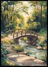 Oil painted landscape with wooden bridge over stream in summer light-6