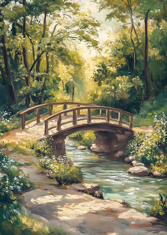 Oil painted landscape with wooden bridge over stream in summer light-12