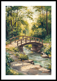 Oil painted landscape with wooden bridge over stream in summer light-0