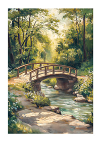 Oil painted landscape with wooden bridge over stream in summer light-1