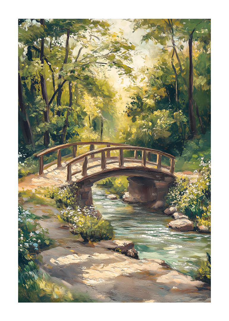 Oil painted landscape with wooden bridge over stream in summer light-12