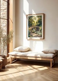 Oil painted landscape with wooden bridge over stream in summer light-8