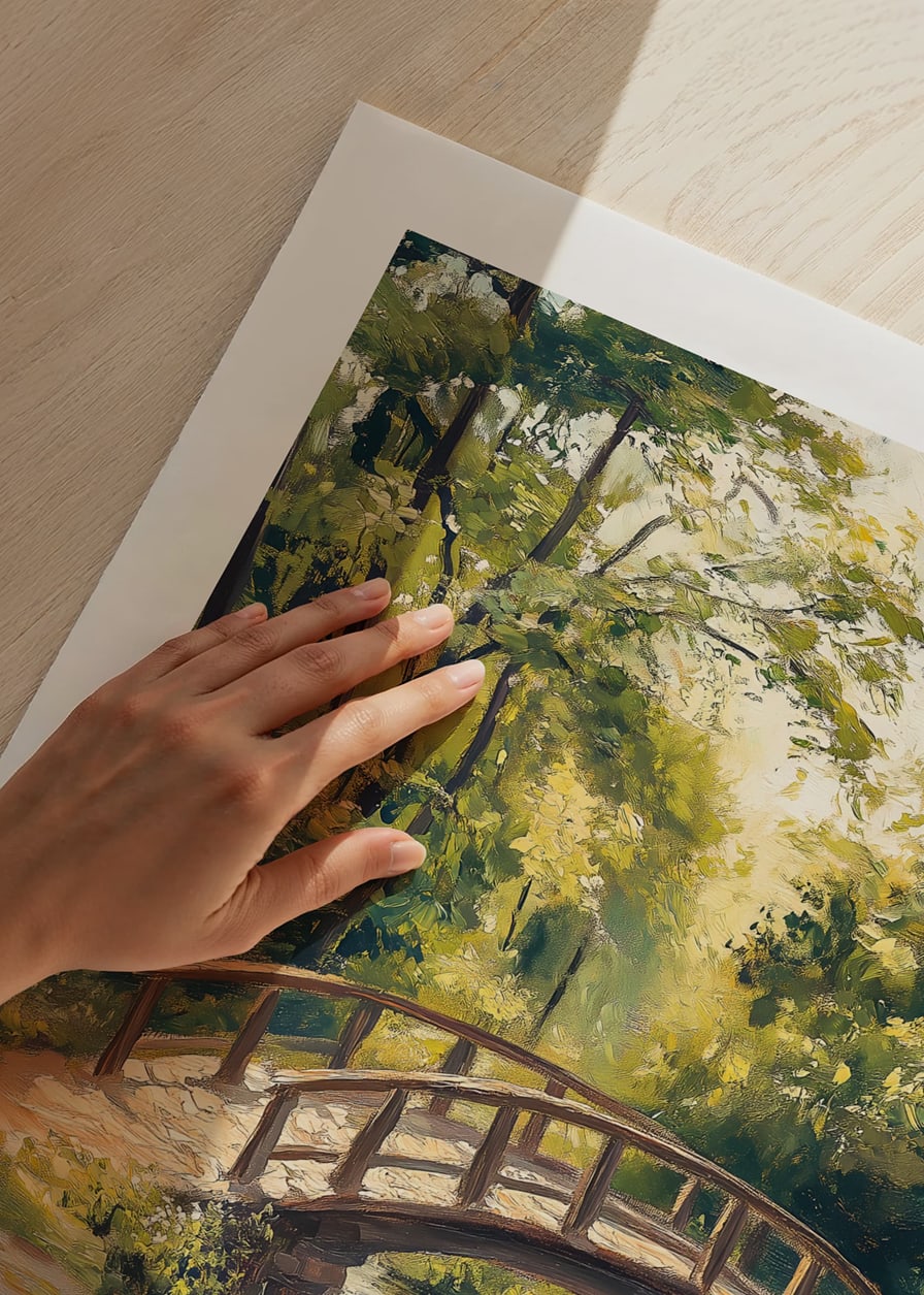 Oil painted landscape with wooden bridge over stream in summer light-12