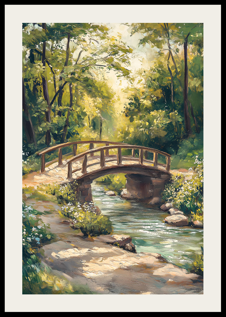 Oil painted landscape with wooden bridge over stream in summer light-12