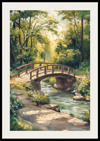 Oliemalet landskab med træbro over bæk i sommerlys-2