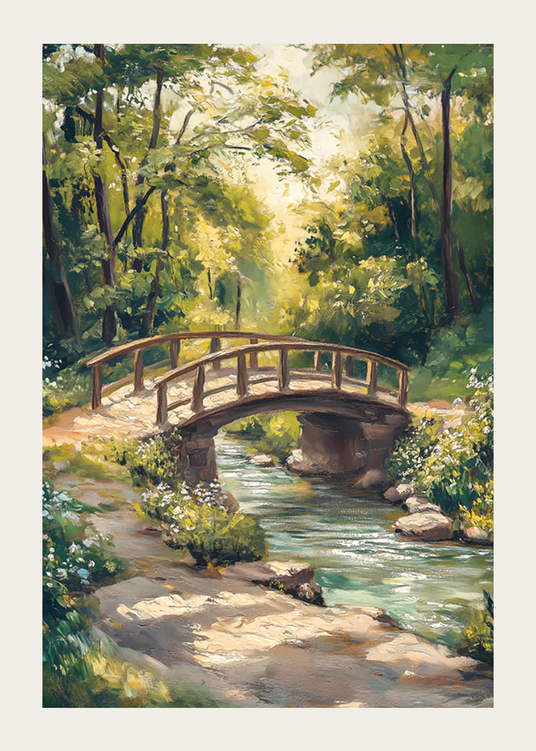 Oil painted landscape with wooden bridge over stream in summer light-12