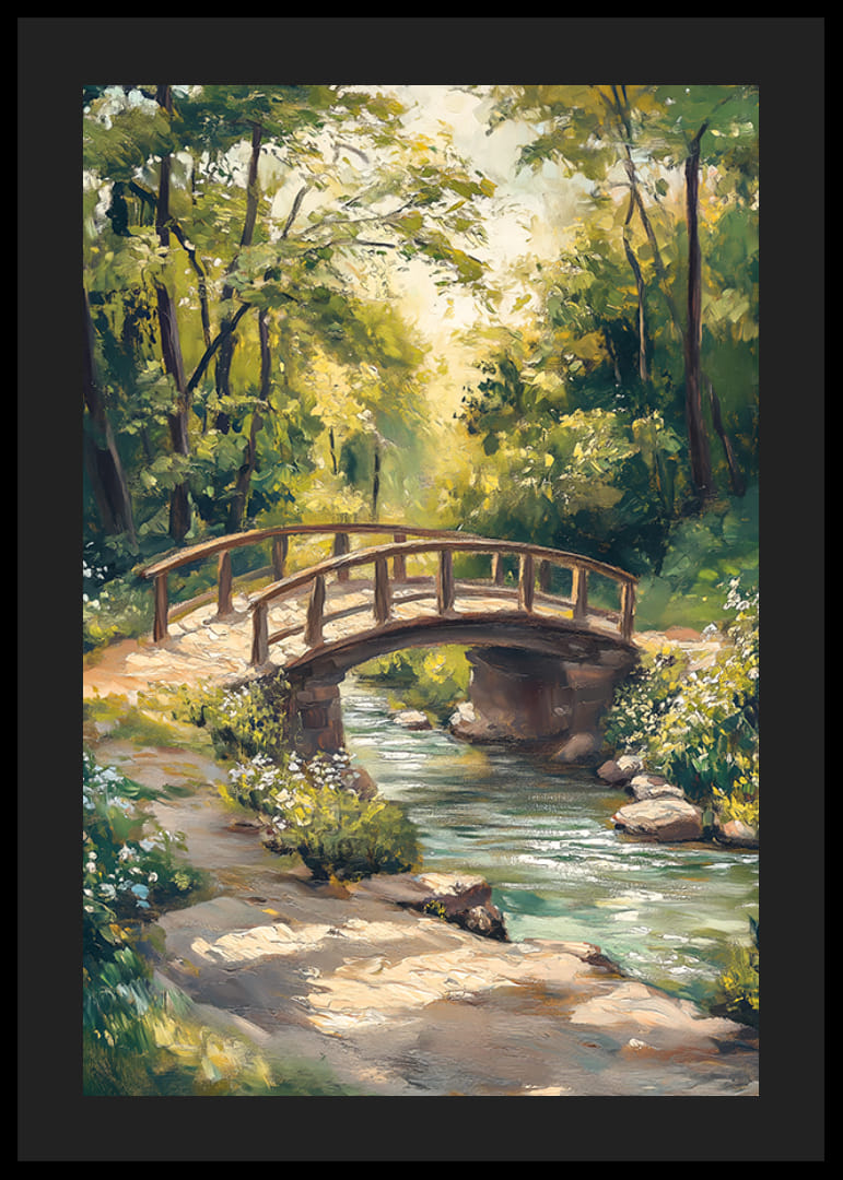 Oliemalet landskab med træbro over bæk i sommerlys-12