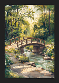 Oil painted landscape with wooden bridge over stream in summer light-5