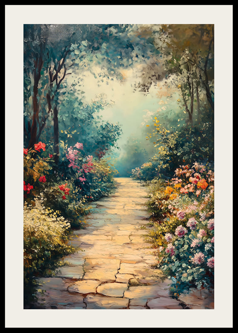 Olieverfschilderij van een wandelpad door een bloeiende tuin met zacht licht-12