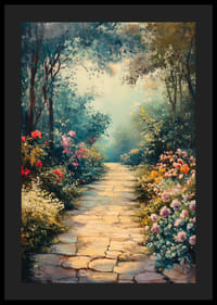 Olieverfschilderij van een wandelpad door een bloeiende tuin met zacht licht-4
