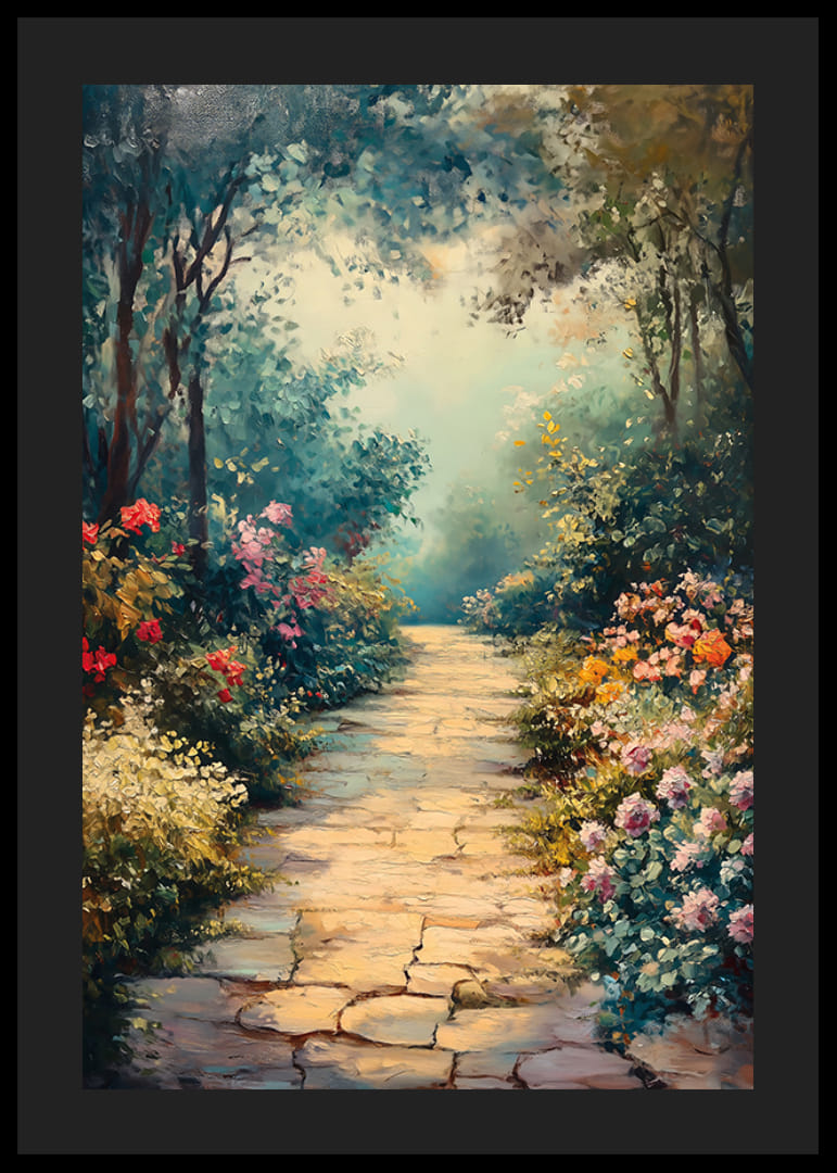 Olieverfschilderij van een wandelpad door een bloeiende tuin met zacht licht-12