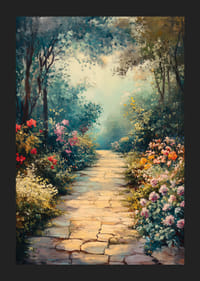 Olieverfschilderij van een wandelpad door een bloeiende tuin met zacht licht-5