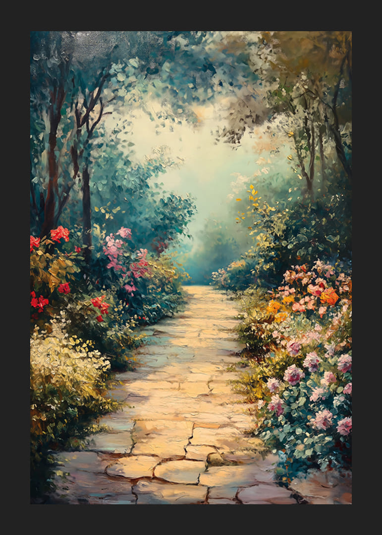 Olieverfschilderij van een wandelpad door een bloeiende tuin met zacht licht-12