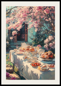 Oljemaleri av et dekket bord under blomstrende kirsebærtrær-2
