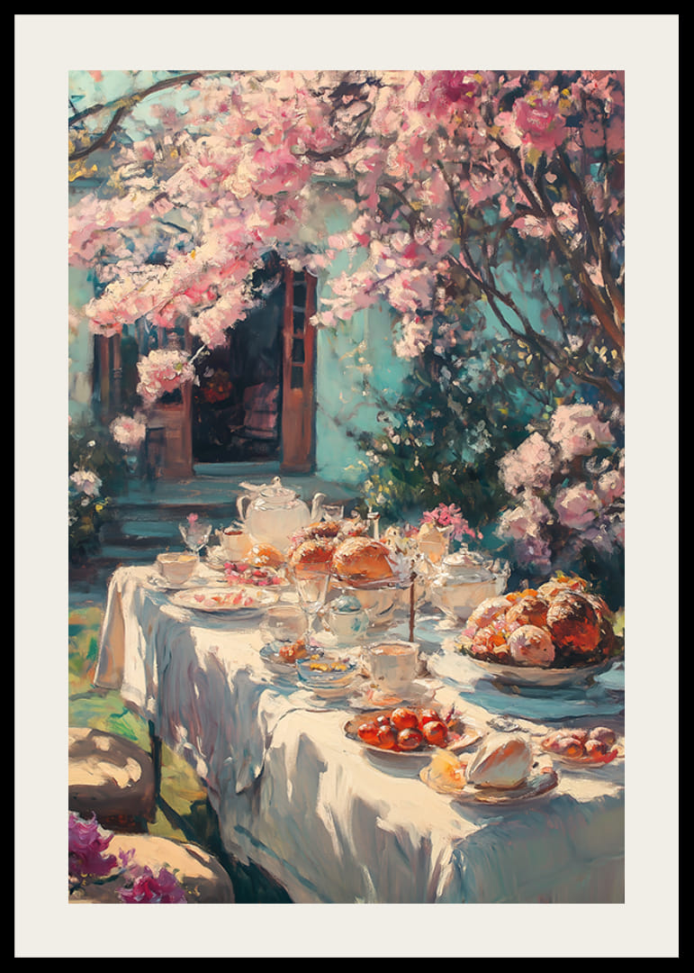 Oljemaleri av et dekket bord under blomstrende kirsebærtrær-12