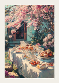 Oljemaleri av et dekket bord under blomstrende kirsebærtrær-3