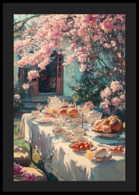 Oljemaleri av et dekket bord under blomstrende kirsebærtrær-4