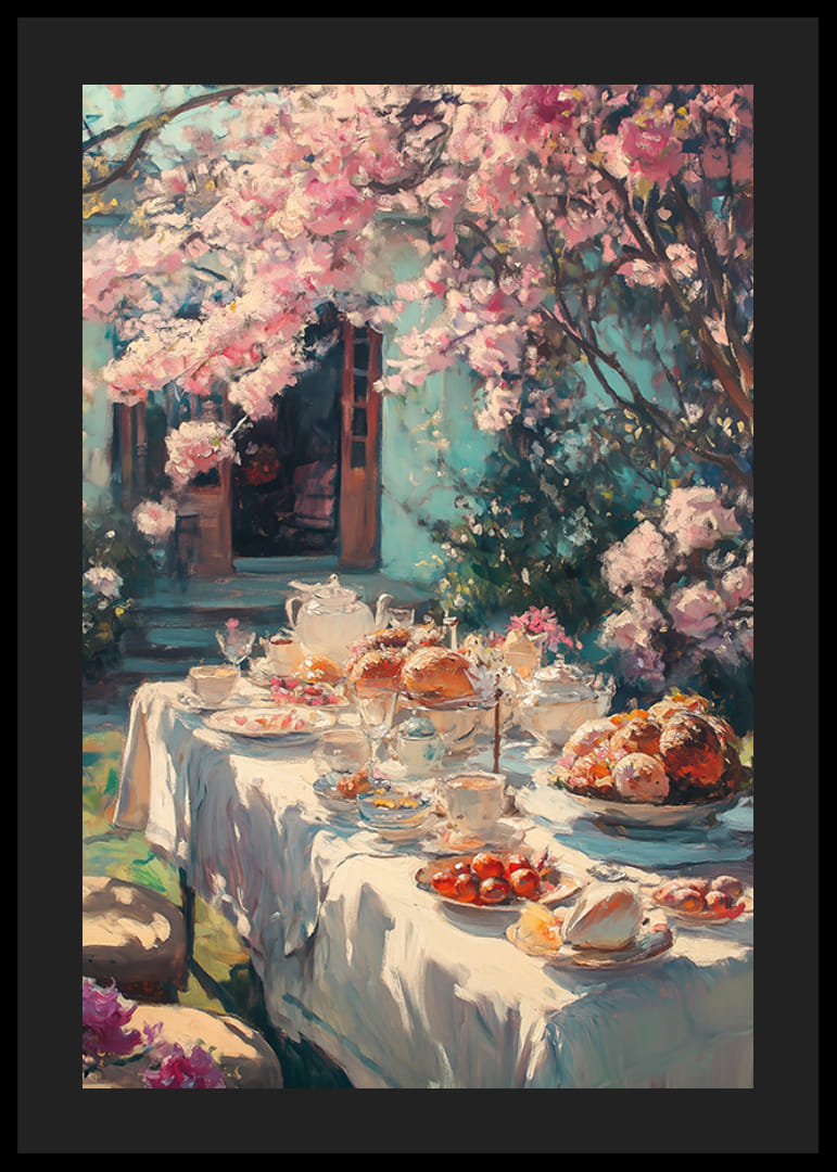 Oljemaleri av et dekket bord under blomstrende kirsebærtrær-12