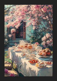 Oljemaleri av et dekket bord under blomstrende kirsebærtrær-5