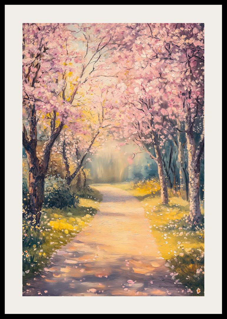 Oljemålning av gångväg under blommande körsbärsträd-12