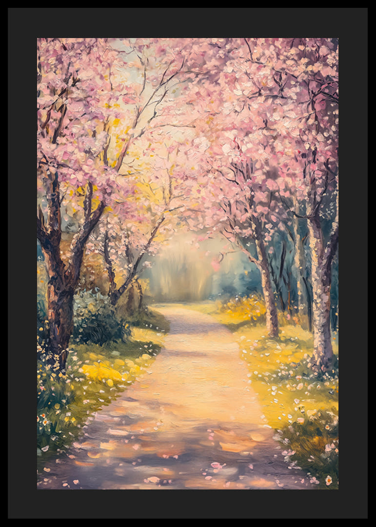Oljemålning av gångväg under blommande körsbärsträd-12
