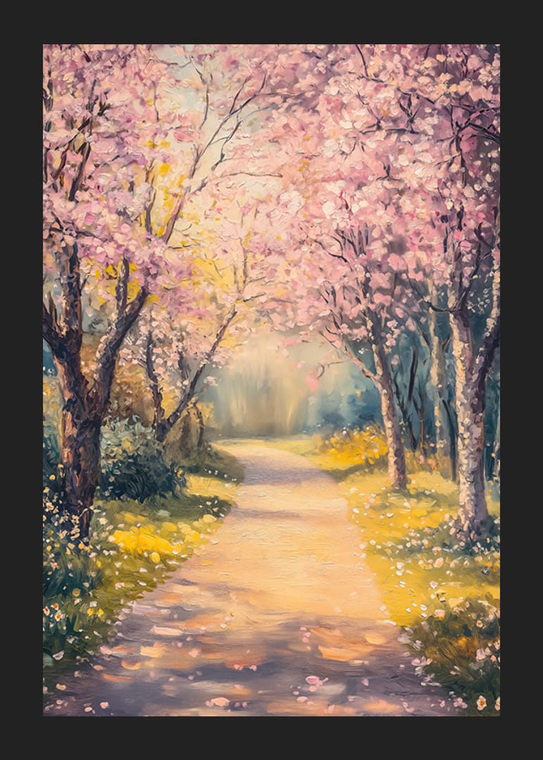 Oljemålning av gångväg under blommande körsbärsträd-12