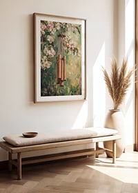 Oljemålning av trävindspel bland blommande grenar-8