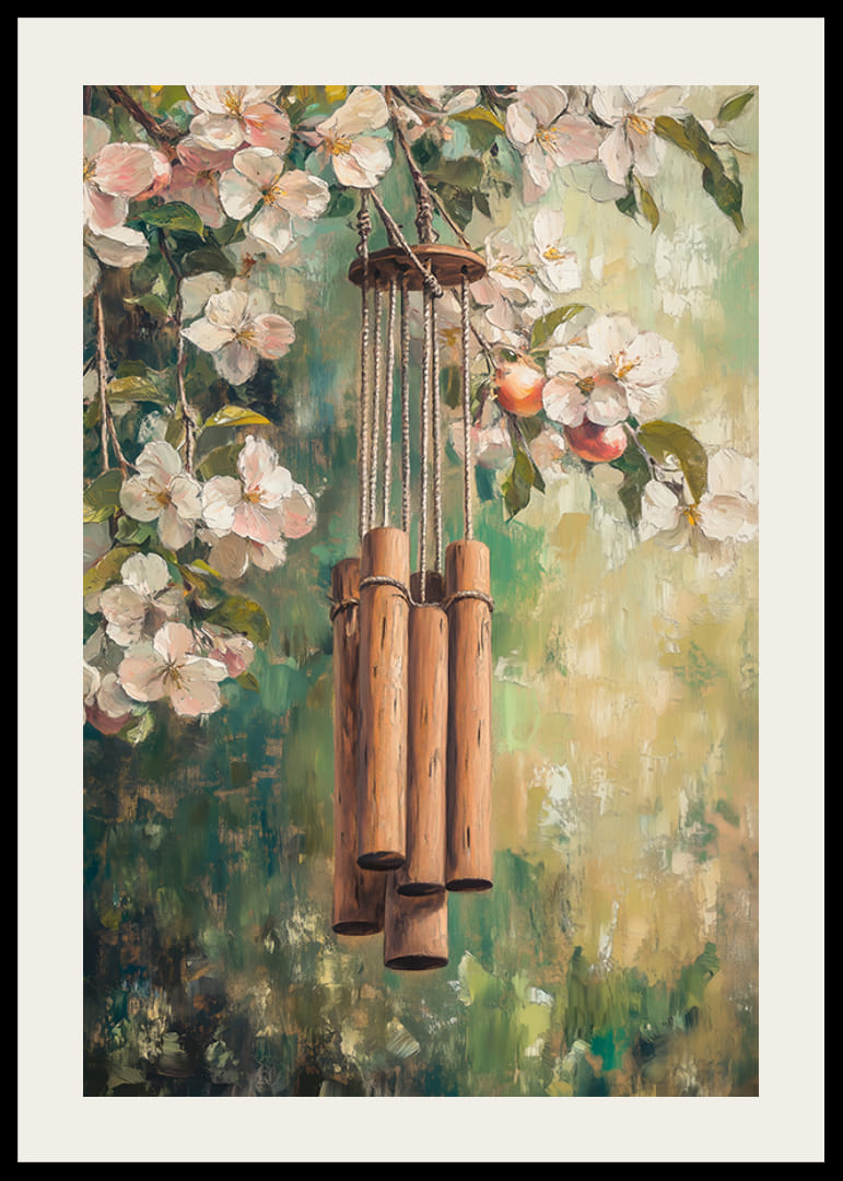 Ölgemälde eines hölzernen Windspiels zwischen blühenden Zweigen-12