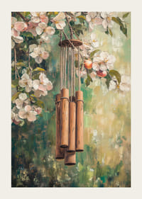 Ölgemälde eines hölzernen Windspiels zwischen blühenden Zweigen-3